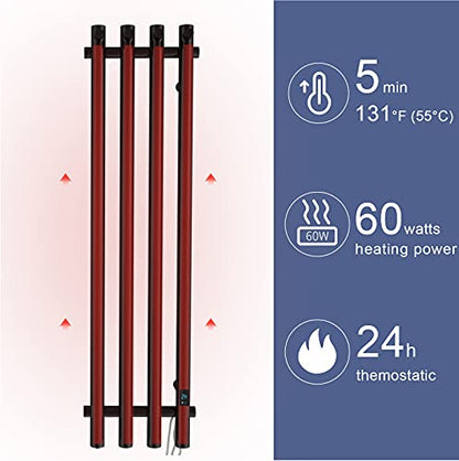 WarmRackCo Electric Heated Towel Rack with Timer - Black, Wall-Mounted Towel Warmer, 4 Vertical Bars, Plug-in or Hardwired, Round Luxury Design