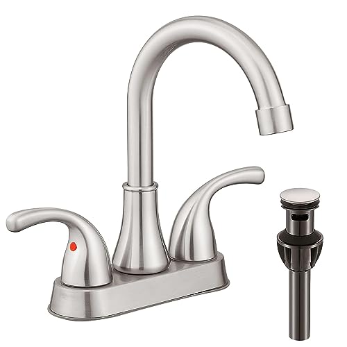 Bathroom Sink Faucet FRANSITON 4 Inch Faucet 2 Handle Bathroom Sink Faucets Lead-Free Brushed Nickel Bath Sink Faucets with Pop-up Drain Stopper and Supply Hoses - color: Brushed Nickel