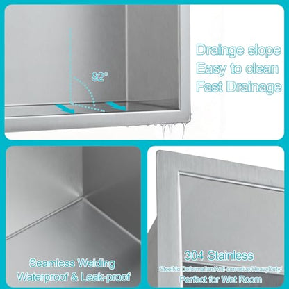 14"x14"x4" Stainless Steel Shower Niche No Tile Needed - Brushed Nickel Bathroom Wall Niche Insert, Recessed Waterproof Shelf for Drywall/Tile Showers - size: 14x14" - Brushed Nickel