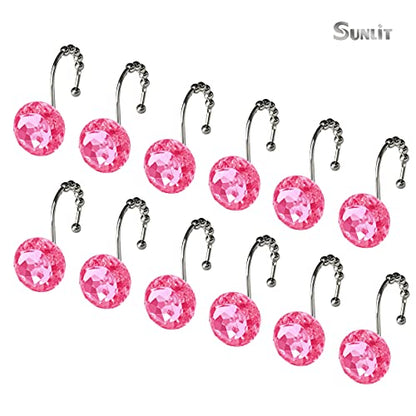 Sunlit Luxury Design Round Hot Pink Diamond Crystal Gem Bling with Glide Balls Shower Curtain Hooks, Rust Proof Metal Rhinestones Glam Shower Curtain Rings-12 Pack - color: Hot Pink