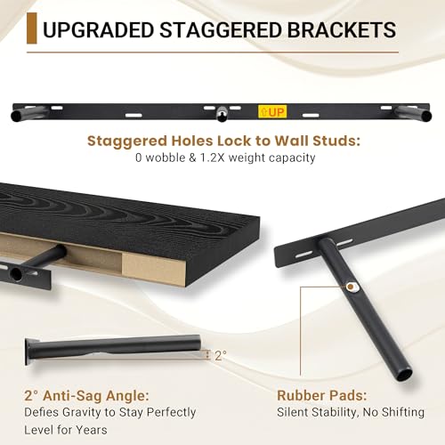 Vivelove Black Floating Shelves, 55 X 12 Inches, Set of 2 | Invisible Brackets, Easy Mount Shelf with Hardware Kit, for Bathroom Bedroom Living Room Kitchen, Engineered Wood - color: Black, size: 55”wx12”dx1.5”h
