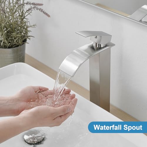 RUMOSE Tall Bathroom Faucet Vessel Sink Faucet with Drain, Brushed Nickel | Modern Single Handle One Hole Bathroom Faucet Waterfall Rv Lavatory Vanity Faucet Mixer Tap, Pop Up Drain, Stainless Steel - color: Brushed Nickel