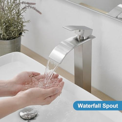 RUMOSE Tall Bathroom Faucet Vessel Sink Faucet with Drain, Brushed Nickel | Modern Single Handle One Hole Bathroom Faucet Waterfall Rv Lavatory Vanity Faucet Mixer Tap, Pop Up Drain, Stainless Steel - color: Brushed Nickel