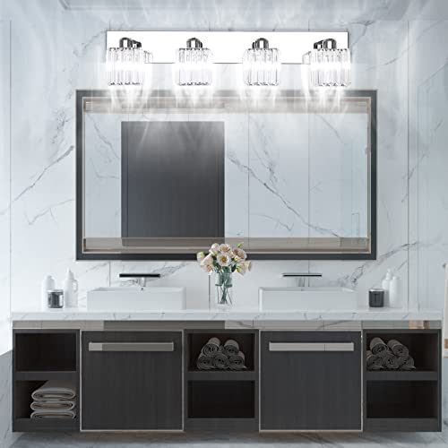 Aipsun Bathroom Light Fixtures Crystal Modern Vanity Lighting Fixtures 4 Light Chrome Bathroom Vanity Light (Exclude Bulb) - color: Chrome, size: 32 inch