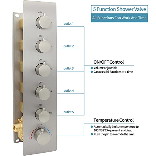Brushed Nickel Shower Faucet System 16 X 24" 3 Functions Waterfall Mist Rainfall Ceiling Shower Head Thermostatic Full Body Shower Faucet Set Complete With Handheld And Shower Body Jet Spray - color: Brushed Nickel