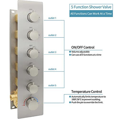 Brushed Nickel Shower Faucet System 16 X 24" 3 Functions Waterfall Mist Rainfall Ceiling Shower Head Thermostatic Full Body Shower Faucet Set Complete With Handheld And Shower Body Jet Spray - color: Brushed Nickel