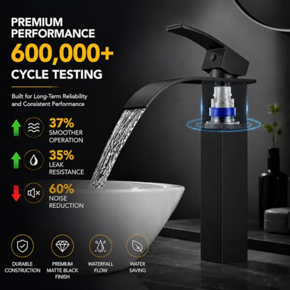VOTON Vessel Sink Faucet Matte Black Modern Tall Waterfall Bathroom Sink Faucet with Pop-Up Drain Single Handle Bathroom Faucet 1 Hole Bowl Lavatory Vanity Faucet, Rv Sink Camper Farmhouse Faucet - color: Matte Black, size: Tall