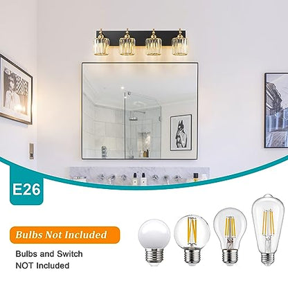 Black Gold Crystal Bathroom Vanity Light, Modern 4-Lights Bathroom Light Fixtures Over Mirror, Crystal Wall Lighting with Polished Gold Finish - color: Black Gold-Round Shade, size: 4-Light