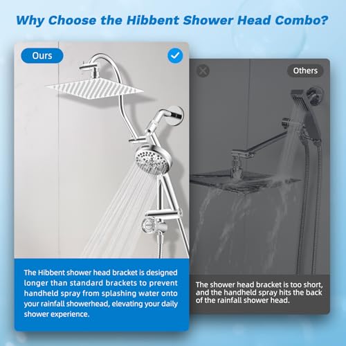 Hibbent High Pressue All Metal 8" Rainfall Shower Head, Handheld 10-Spray | cUPC Certified Chrome Dual Showerhead Combo, 4-way Diverter with Pause Mode, Brass Extension Arm, 71'' Shower Hose & Holder - color: Chrome, style: Square 8"