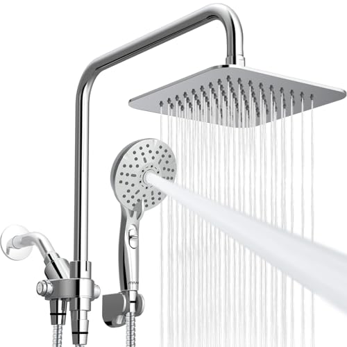 Dual Shower Head Combo, 8'' High Pressure Rain Shower Head with Handheld Spray, 6+1 Spray Settings Handheld Showerhead, Height Adjustable, One-touch Pause Button, Chrome Polished - color: Bright Silver