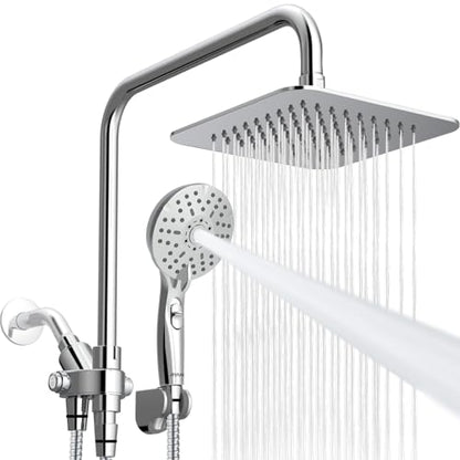 Dual Shower Head Combo, 8'' High Pressure Rain Shower Head with Handheld Spray, 6+1 Spray Settings Handheld Showerhead, Height Adjustable, One-touch Pause Button, Chrome Polished - color: Bright Silver