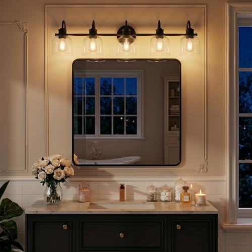 URSOLA 5 Lights 40" Bathroom Vanity Light Fixtures, Matte Black Traditional Classic Vanity Light with Clear Glass, Bathroom Lighting Fixtures Over Mirror - color: Black, size: 5 Lights