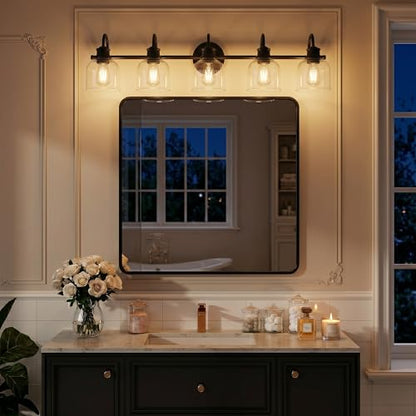 URSOLA 5 Lights 40" Bathroom Vanity Light Fixtures, Matte Black Traditional Classic Vanity Light with Clear Glass, Bathroom Lighting Fixtures Over Mirror - color: Black, size: 5 Lights