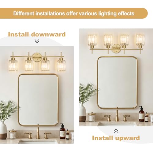 Brushed Gold Bathroom Light Fixtures, Square, 4-Light | Vanity Lights with Crystal Shades, Modern Bathroom Lighting Fixtures over Mirror (Bulbs Not Included, E26) - color: Brushed Gold (Square), size: 4-Light
