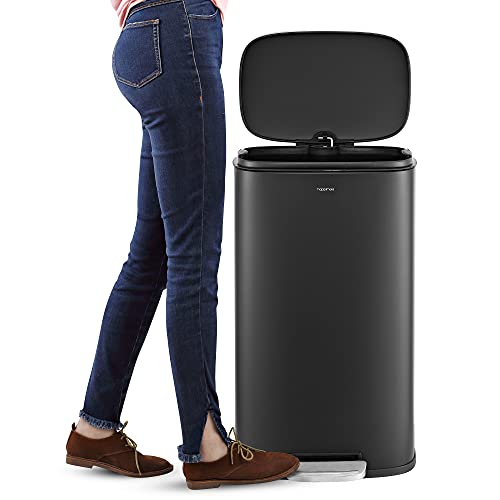 happimess Curtis 8 Gal Step Trash Can Soft Close 25", Charcoal Black | Stainless Steel, Fingerprint Resistant Satin Finish, Removable Liner, Steel Pedal, 20 Trash Bags Included, Kitchen Bin - color: Black