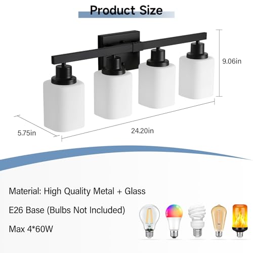 4-Light Bathroom Vanity Light, Modern Matte Black Bathroom Light Fixtures with Square Frosted Glass, Wall Sconces fixtures Over Mirror Restroom,Living Room Hallway E26 - color: Black, size: 4-Light