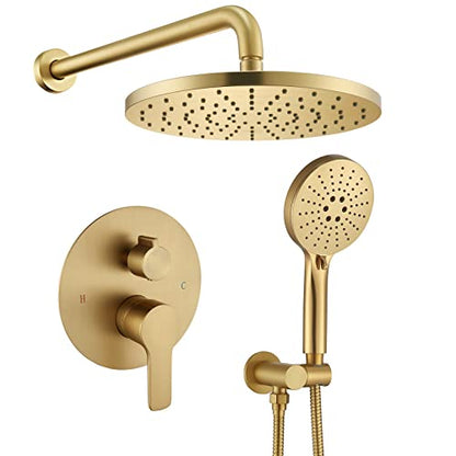 Iriber Shower System Wall Mounted Shower Faucet Mixer Set with Luxury High Pressure Shower head and 3-Setting Handheld, Bathroom Shower Trim Kit Contain Pressure Balance Valve,Brushed Gold - color: Brushed Gold
