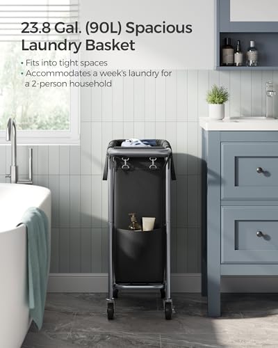 SONGMICS Laundry Basket with Wheels, Rolling Laundry Hamper, 23.8 Gallons (90 L), Removable Liner, Steel Frame with Handle, 24 x 11.4 x 31.9 Inches, Ink Black URLS003B01 - color: Ink Black, size: 90 L (1-Section)