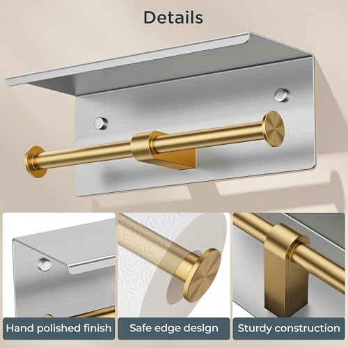 FORIOUS Toilet Paper Holder with Shelf, Commercial Toilet Paper Dispensers | Stainless Steel & Gold | Wall Mount Bathroom Tissue Holder | SUS304 Stainless Steel Rustproof | Double Tissue Roll Holder - color: Stainless Steel & Brushed Gold