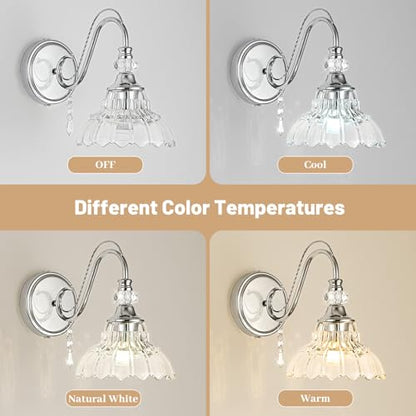 1 Piece Brushed Chrome Finish Wall Sconce, 1-Light Modern Wall Sconce with Hanging Crystal Accents and Flower-Shaped Clear Shades for Bathroom Bedroom Living Room,Modern Vanity Light - color: Chrome, size: 1-Light