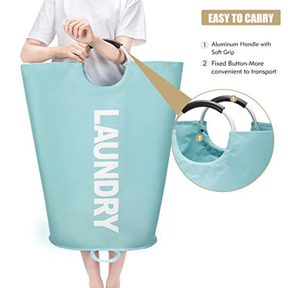 Maxsilan 90L Large Laundry Basket Bag, Collapsible Tall Hamper, Light Blue | Freestanding tall laundry bag & foldable washing basket. Extra large clothes storage bin with durable sturdy handles - color: Light Blue, size: 90L