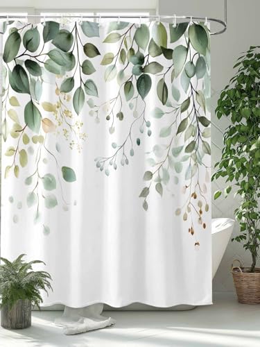 Waterproof Fabric Shower Curtain Green Eucalyptus Spring Botanical Leaves Shower Curtains for Bathroom, Quick-Drying, Machine Washable 72x72 Inch