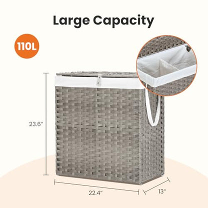 DUMOS Wicker Laundry Basket with Lid, 110L Woven Laundry Hamper with Handles, Foldable Rattan Clothes Hamper with Removable Liner & Sturdy Steel Frame, Dove Gray - color: Dove Gray, size: 110L