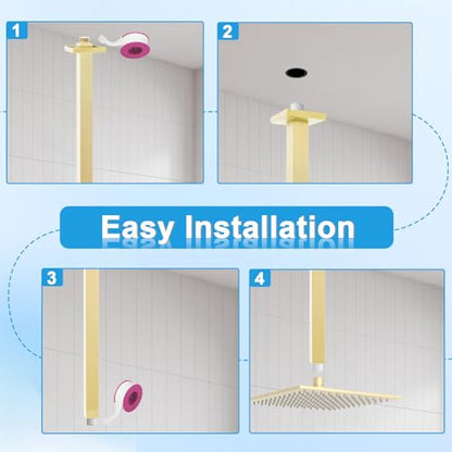 Shower Arm with Flange 24 Inches Ceiling Mount Square Straight Extender Extension Pipe Replacement, Extra Long Shower Arm For Fixed Rain Shower Head or High Ceiling,Brushed Gold - color: Brushed Gold, style: 24inch