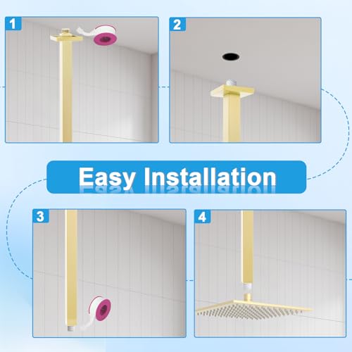 Ceiling Mount Shower Arm with Flange 20 Inches Square Straight Extender Extension Pipe Replacement, Long Shower Arm For Fixed Rain Shower Head or High Ceiling, Brushed Gold - color: Brushed Gold, style: 20inch