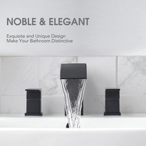 RUMOSE Bathroom Faucets Black Bathroom Sink Faucet 3 Hole with Drain | 8 inch Widespread 2 Handles Lavatory Vanity Faucet Set, Waterfall Spout, Deck Mounted, Pop Up Drain, Stainless Steel - color: Matte Black