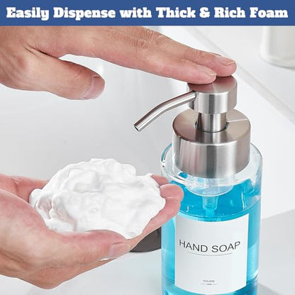 Glass Foaming Hand Soap Dispenser 10 oz Easy Refill 2 Sets | Stainless Steel Pump and Waterproof Labels, Glass Soap Dispenser, Clear Foam Soap Bottle for Bathroom Countertop - color: Brushed Nickel Foam 2pc