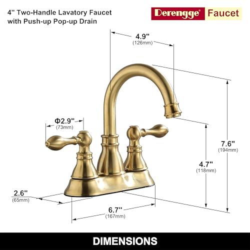 Brushed Gold 4 Inch Centerset Bathroom Sink Faucet 3 Hole with Pop up Drain | Derengge High Arc Classic 2-Handle Bathroom Faucet, Vanity Lavatory Faucet with 360° Swivel Spout，F-4501-CS - color: Brushed Gold