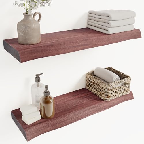 Howizz 24'' Live Edge Floating Shelves for Wall, Acacia Wood Wall Mounted Shelves with Invisible Brackets, Rustic Wooden Shelf Set of 2 for Living Room, Bedroom, Bathroom, Kitchen Decor, Cherry - color: 4. Live Edge - Cherry, size: 24"