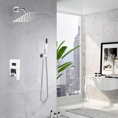 Shower System Polished Chrome Bathroom Rainfall Shower Faucet Set Complete Wall Mounted 8 Inch Shower Head and Handle Set with Rough-in Valve Body and Trim Kit - color: Polished Chrome, size: 8 Inch