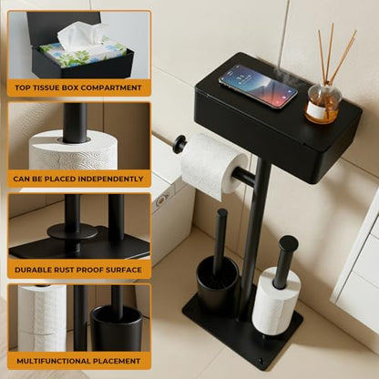 Freestanding Toilet Paper Holder Stand with Shelf, Drawer, 7-Roll Capacity | Black rustproof metal bathroom tissue holder with wipes drawer, top shelf and weighted non-slip base, stores up to 7 rolls - size: Style 2