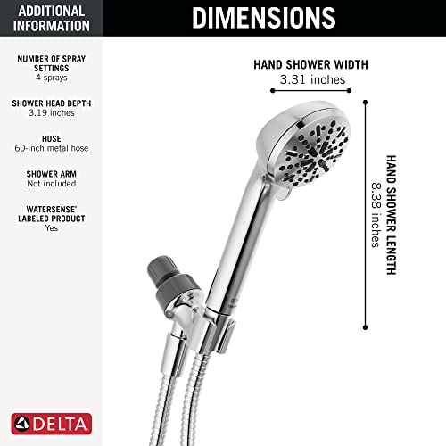 Delta Faucet 4-Spray Handheld Shower Head, Chrome Shower Head with Hose, Showerheads & Handheld Showers, Handheld Shower Heads, Detachable Shower Head, Hand Shower 1.75 GPM, Chrome 75413 - color: Chrome