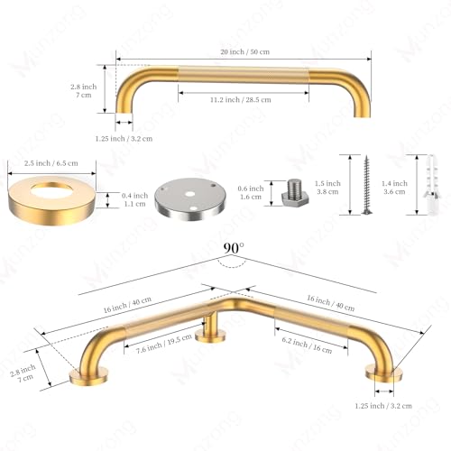 16x16 Inch Munzong Angled Gold Bathroom Grab Bars for Shower | Angled Grab Bar Anti Slip Stainless Steel Knurled Safety Handle Support Elderly Injury Senior - color: Gold