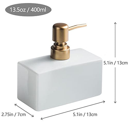 Modern Soap Dispenser with Matte Golden Pump for Bathroom, 13.5 oz Ceramic Rectangle Lotion Dispenser, Refillable Dish Soap Dispenser (White) | 13.5 oz Ceramic Lotion Dispenser, Refillable Dish Soap Dispenser - color: White