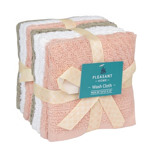 PH Pleasant Home Diagonal Wash Cloths Set - 12 Pack (12” x 12”) – 509 GSM - 100% Ring Spun Cotton Wash Cloth - Super Soft and Highly Absorbent Face Towels (Blush,White & Tan) - color: Blush, White & Tan, style: Diagonal