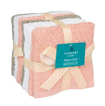 PH Pleasant Home Diagonal Wash Cloths Set - 12 Pack (12” x 12”) – 509 GSM - 100% Ring Spun Cotton Wash Cloth - Super Soft and Highly Absorbent Face Towels (Blush,White & Tan) - color: Blush, White & Tan, style: Diagonal