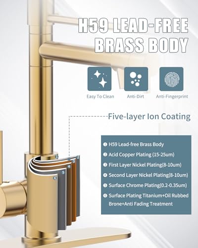 Kitchen Faucet with Soap Dispenser, Brushed Gold Kitchen Faucet, Kitchen Faucets with Pull Down Sprayer and Deck Plate, Stainless Steel Spring Camper Laundry RV Faucets for Kitchen Sinks - color: C.Brushed Gold, style: 1.Faucet+Soap Dispenser+Hole Cover