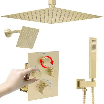 Dual Shower Heads Shower System with 16" Ceiling Mounted Rain Shower Head & 6" Wall Mounted Head Full Body Shower System 3 Way Thermostatic Shower Valve Can All Run Together, Brushed Gold - color: Brushed Gold, style: 16inch+6inch