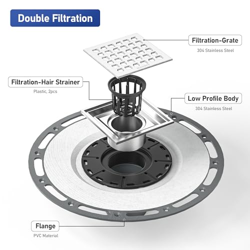 Square Shower Drain with PVC Bonding Flange Base, 4" Brushed | 304 Stainless Steel Drain w/ Drain Key for Low Profile Shower Tiles, CUPC Certified - color: Brushed4"