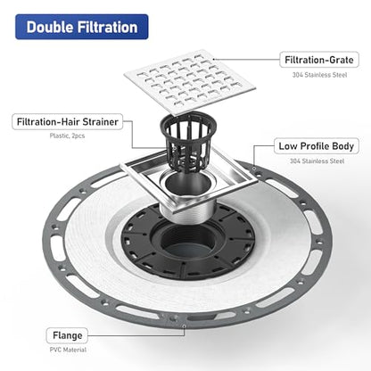 Square Shower Drain with PVC Bonding Flange Base, 4" Brushed | 304 Stainless Steel Drain w/ Drain Key for Low Profile Shower Tiles, CUPC Certified - color: Brushed4"