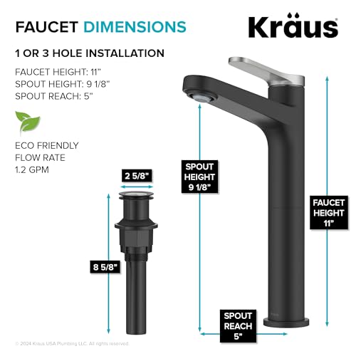 KRAUS Indy Bathroom Faucet for Vessel Sink in Spot-Free Brushed Nickel/Matte Black with Single Handle, Pop Up Drain and Supply Lines, KVF-1410SFBNMB - color: Spot Free Brushed Nickel/Matte Black, style: Vessel