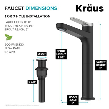 KRAUS Indy Bathroom Faucet for Vessel Sink in Spot-Free Brushed Nickel/Matte Black with Single Handle, Pop Up Drain and Supply Lines, KVF-1410SFBNMB - color: Spot Free Brushed Nickel/Matte Black, style: Vessel