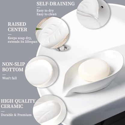 Soap Holder, Self-Draining Soap Dish, White Leaf Shape Ceramic Bar Soap Holder Drain Soap Dishes for Bathroom Sink Kitchen, Easy to Clean Keeps Soap Dry, ANTIS'S HOME - color: White-enhanced Drainage-1pcs
