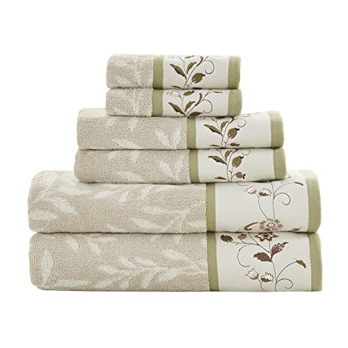 Madison Park Serene 100% Cotton Bath Towel Set Luxurious Floral Decorative Towels for Bathroom Embroidered Cotton Jacquard Design Soft Highly Absorbent for Shower 600 GSM, Multi-Sizes, Green 6 Piece | Luxurious Floral Decorative Towels for Bathroom, Embro