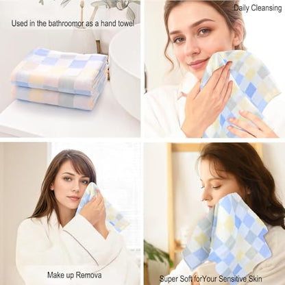 Face Cloths, Soft Wash Cloth for Washing Face, Lightweight Plaid Cotton Face Towels, Quick Dry Absorbent Facial Cleansing Cloths, for Bathroom Daily Skincare, Blue Checkered Design(9.8 x 19.7 Inch) - color: Blue