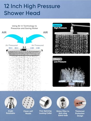 12 Inch Rain Shower Head - High Pressure Shower Head, Dual Shower Heads with 8 Modes Handheld Spray Combo - Upgrade Extension Arm Height Adjustable, Chrome
